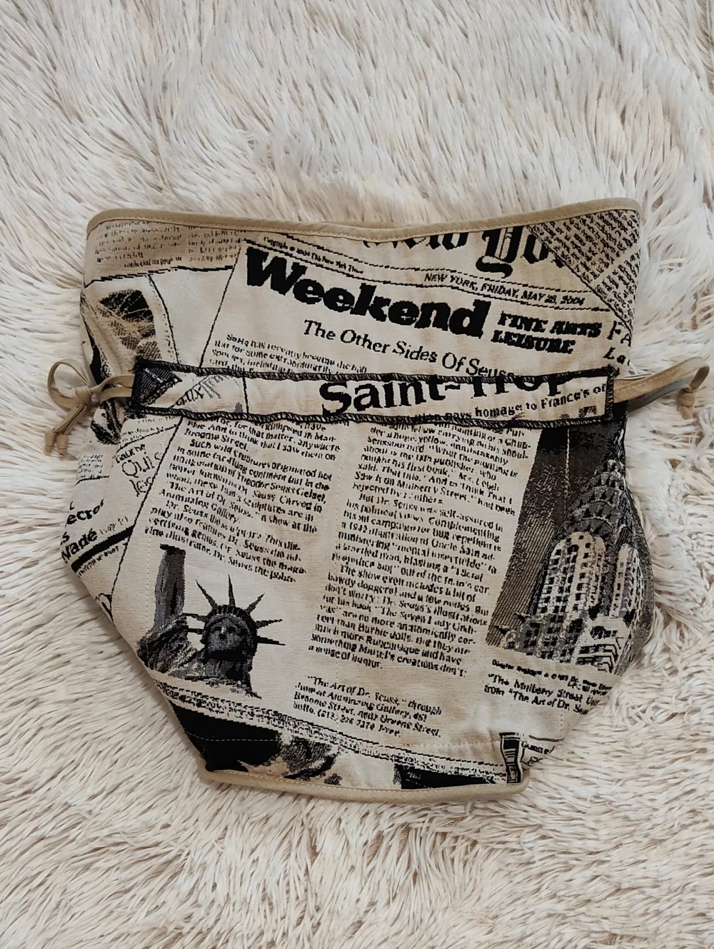 Vintage Style Drawstring Pouch Black Cream Newsprint Red Lining Travel Organizer